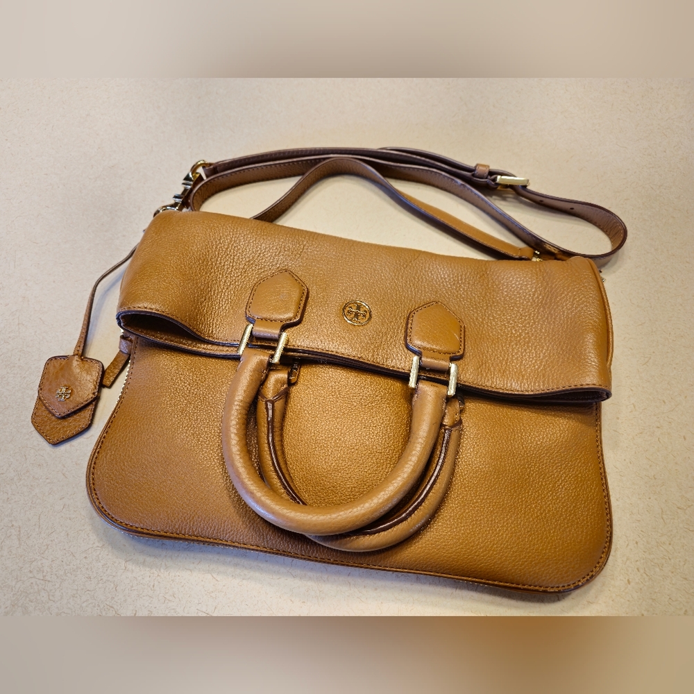 Tory Burch fold over cross body bag, brown with gold hardware